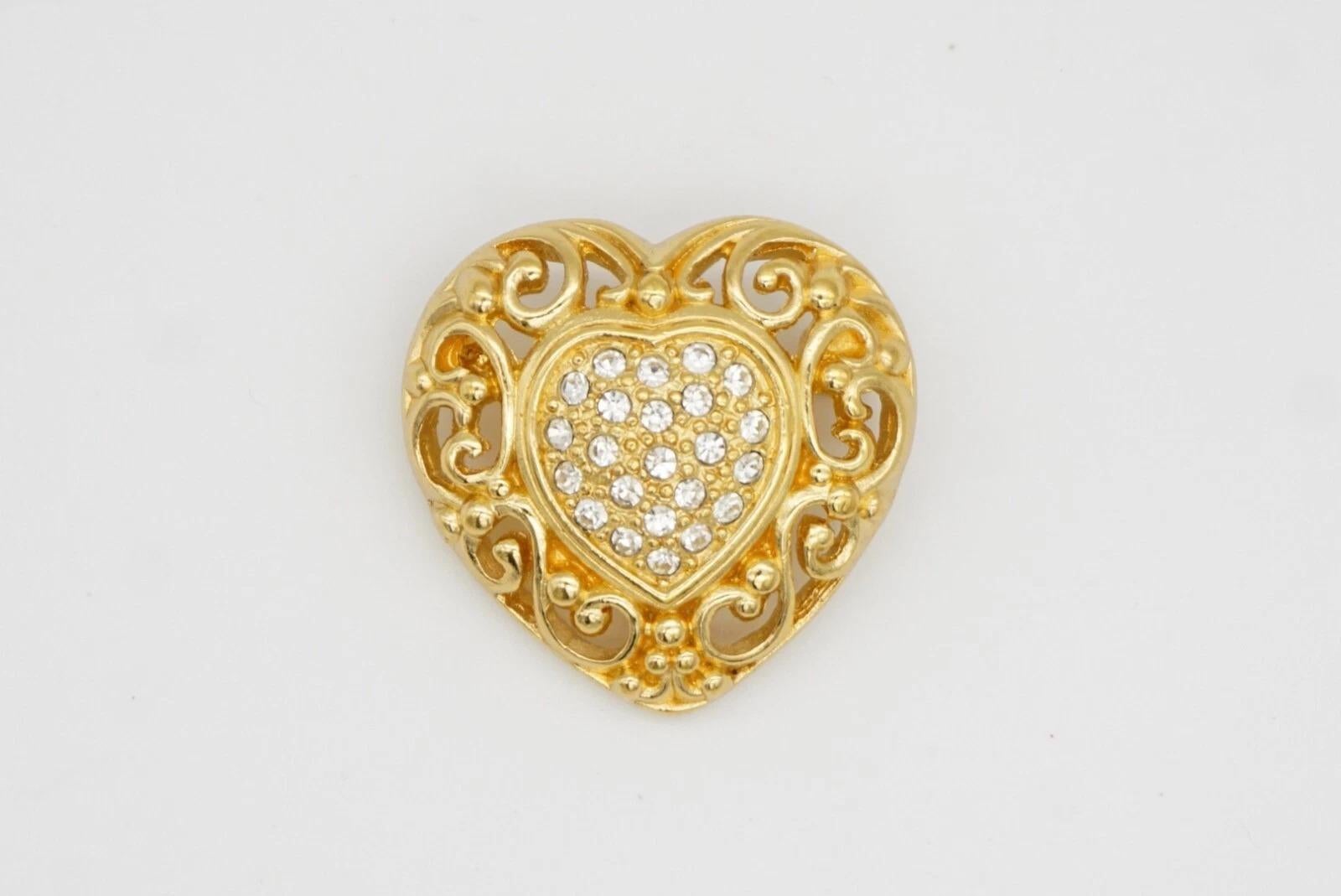 Christian Dior 1980s Vintage Baroque Crystals Heart Love Openwork Carved Brooch For Sale 10