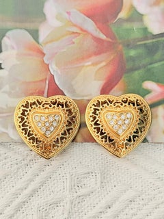 Christian Dior 1980s Vintage Baroque Gold Crystals Heart Openwork Clip Earrings