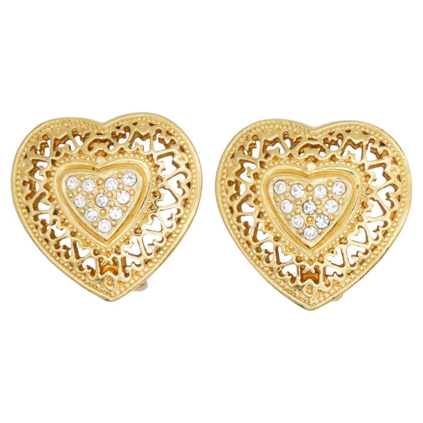 Christian Dior 1980s Vintage Baroque Gold Crystals Heart Openwork Clip Earrings