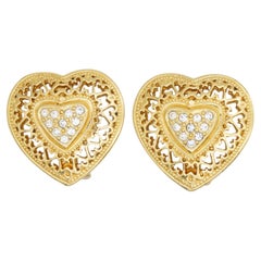 Christian Dior 1980s Vintage Baroque Gold Crystals Heart Openwork Clip Earrings