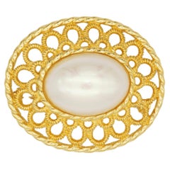 Christian Dior 1980s Vintage Baroque Large Oval Pearl Flower Openwork Brooch