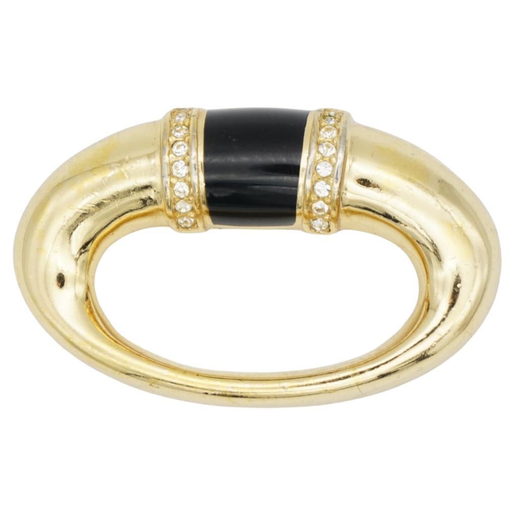 Christian Dior 1980s Vintage Schwarz Doppelkristalle Oval durchbrochene Gold Brosche