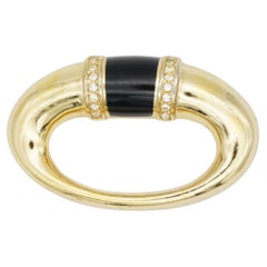Christian Dior 1980s Vintage Black Double Crystals Oval Openwork Gold Brooch