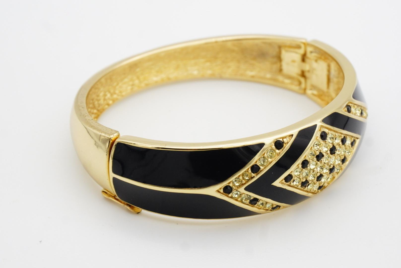 Christian Dior 1980s Vintage Black Enamel Clear Crystals Cuff Bangle Bracelet 7