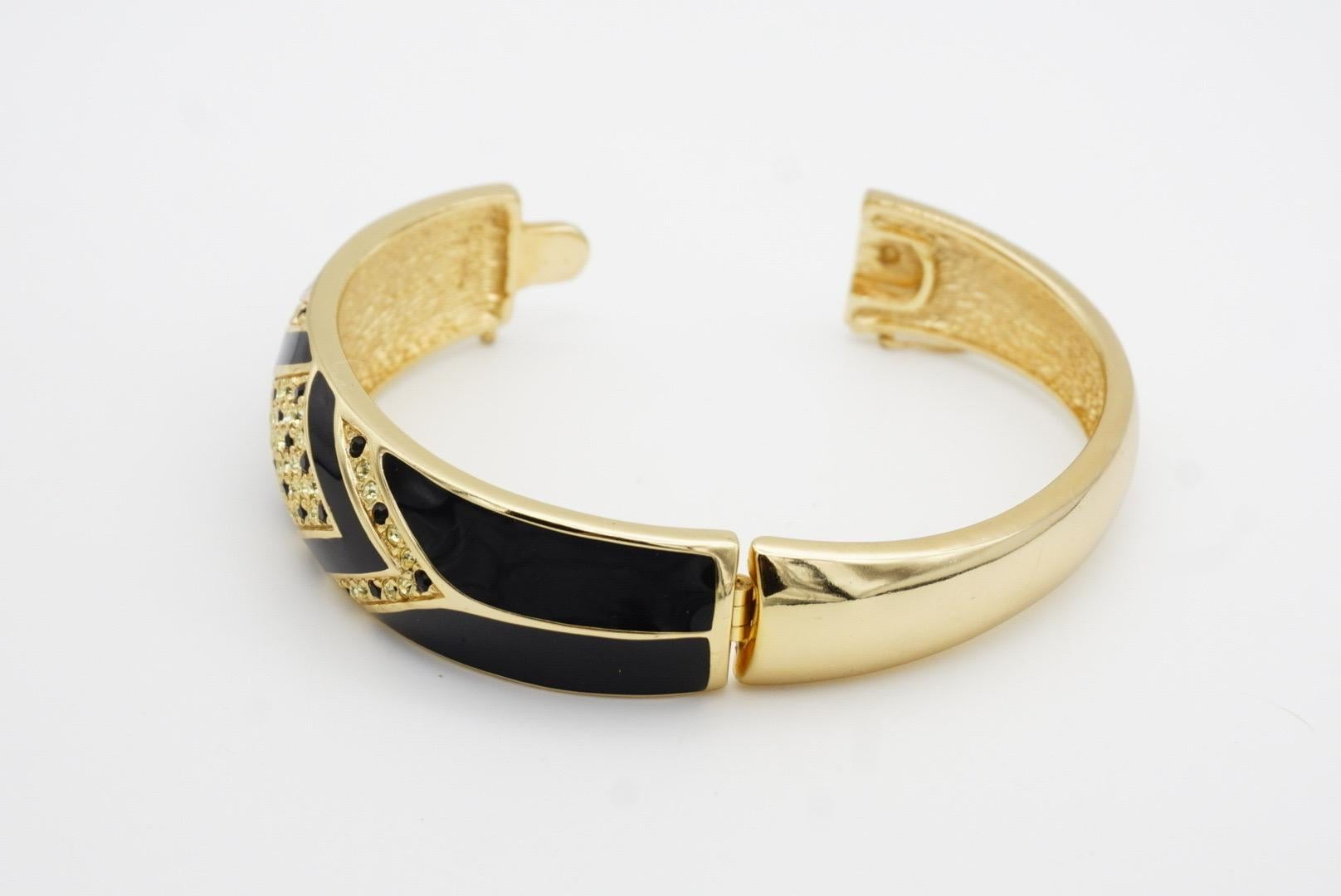 Christian Dior 1980s Vintage Black Enamel Clear Crystals Cuff Bangle Bracelet 10