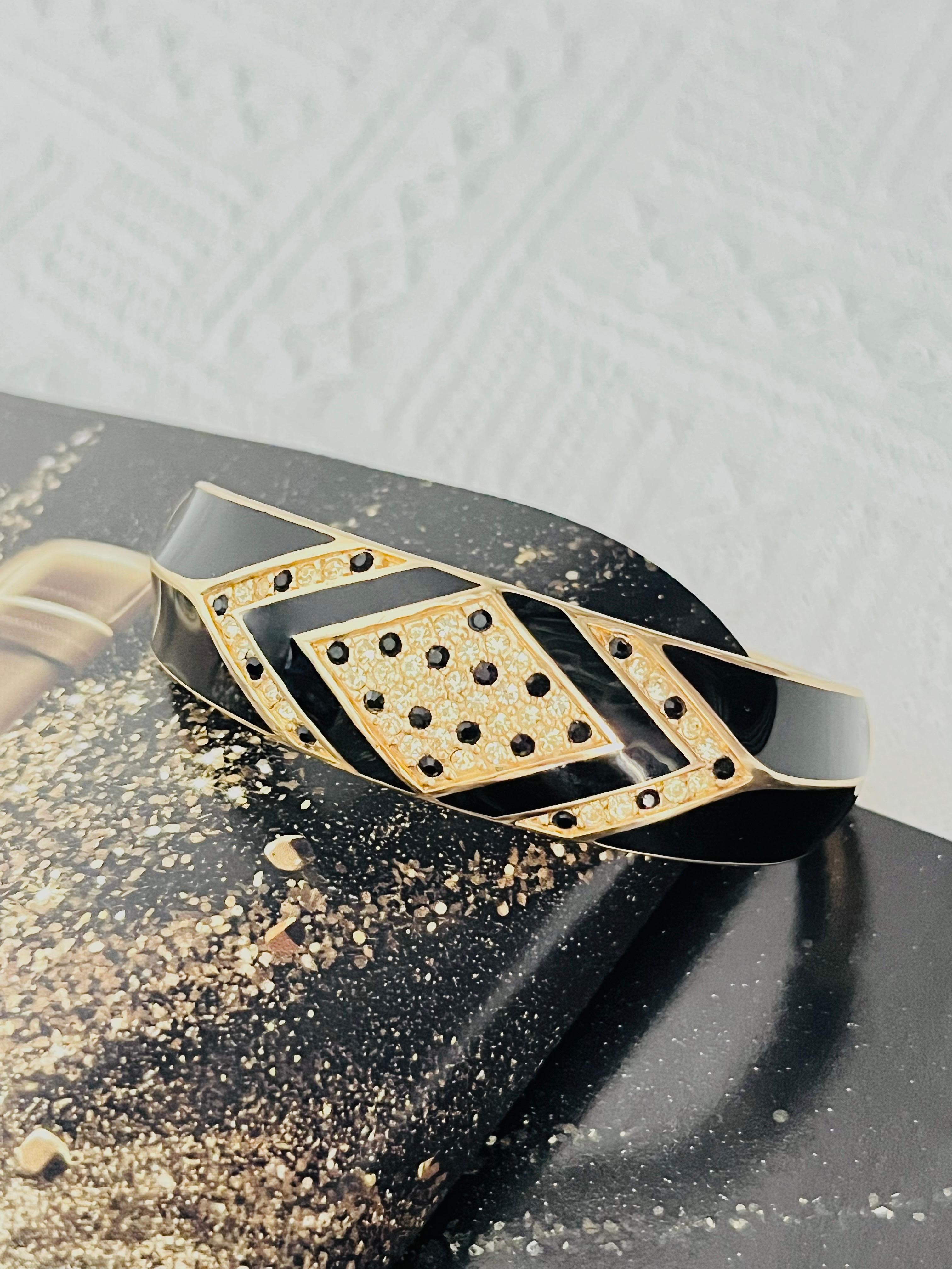 Christian Dior 1980s Vintage Black Enamel Clear Crystals Cuff Bangle Bracelet In Excellent Condition In Wokingham, England