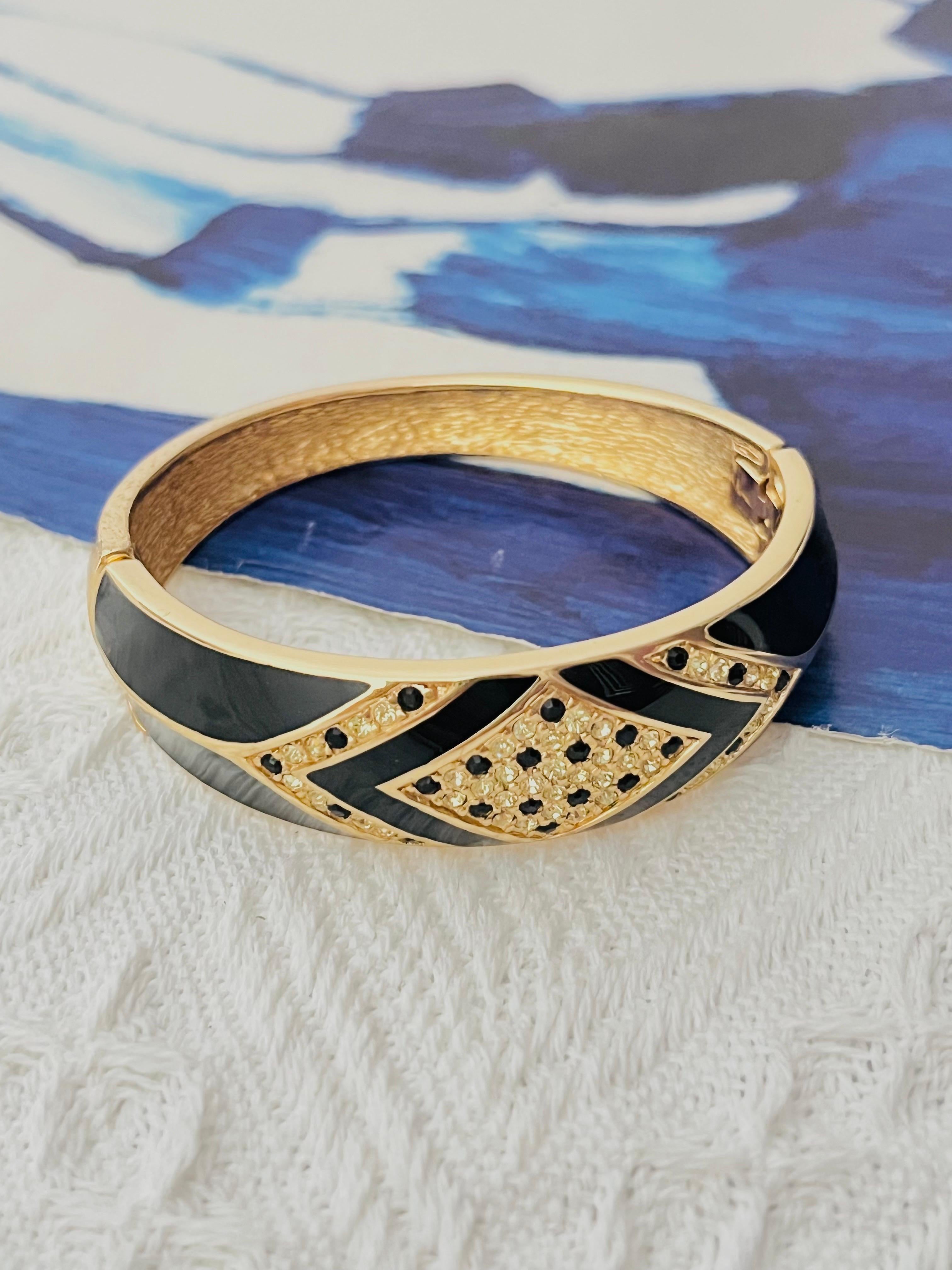 Christian Dior 1980s Vintage Black Enamel Clear Crystals Cuff Bangle Bracelet In Excellent Condition In Wokingham, England
