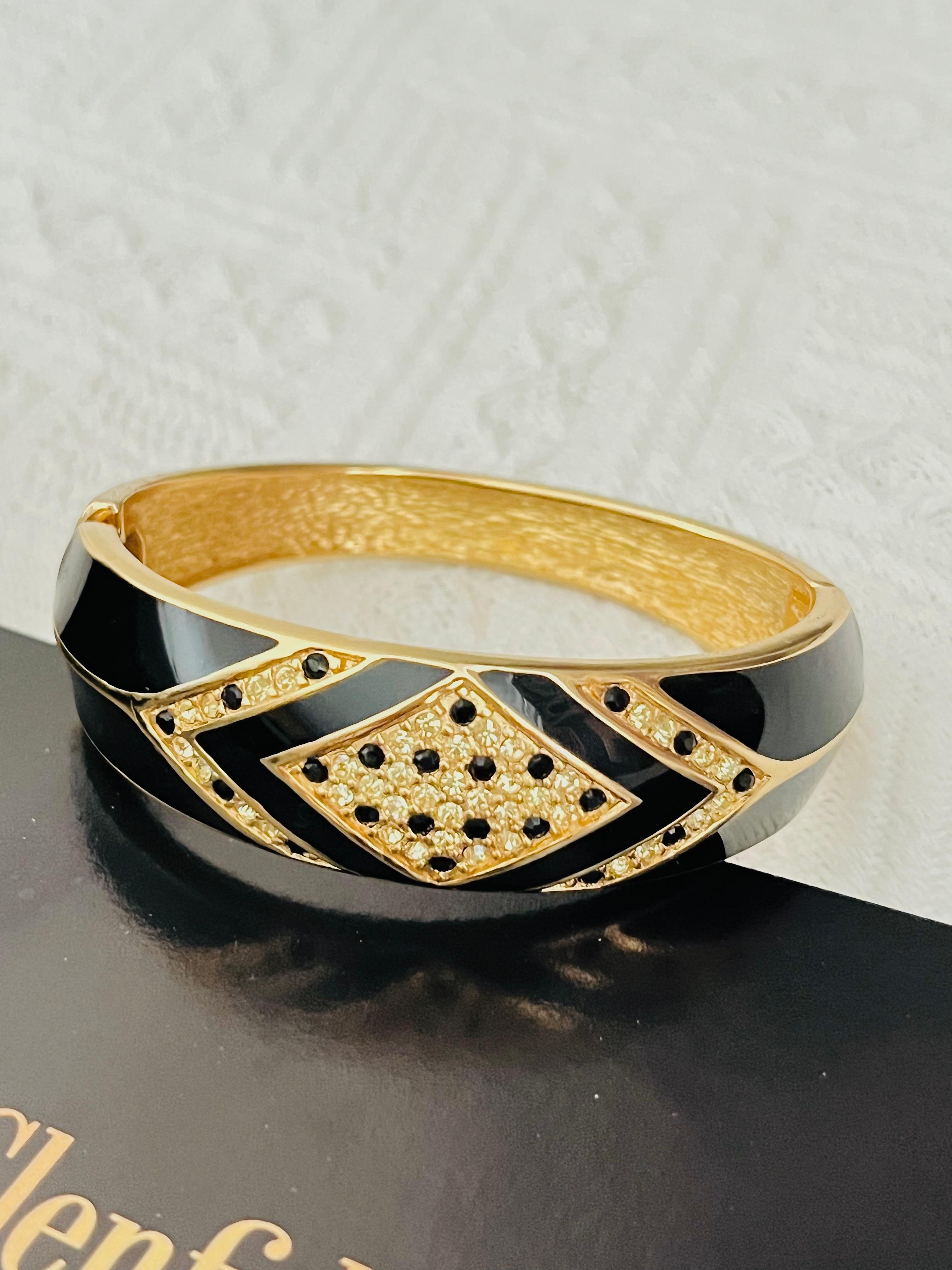 Christian Dior 1980s Vintage Black Enamel Clear Crystals Cuff Bangle Bracelet 1