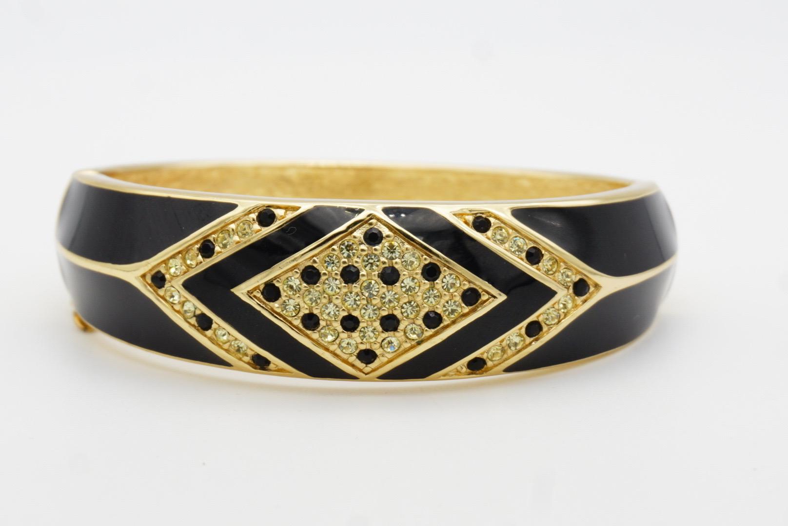 Christian Dior 1980s Vintage Black Enamel Clear Crystals Cuff Bangle Bracelet 4
