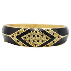 Christian Dior 1980s Vintage Black Enamel Clear Crystals Cuff Bangle Bracelet