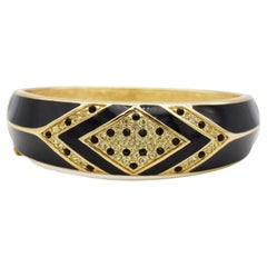 Christian Dior 1980s Vintage Black Enamel Clear Crystals Cuff Bangle Bracelet