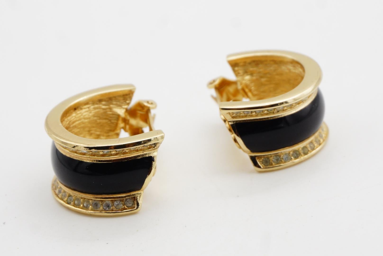 Christian Dior 1980s Vintage Schwarz Emaille Kristalle Kuppel Reifen Clip Gold Ohrringe im Angebot 5