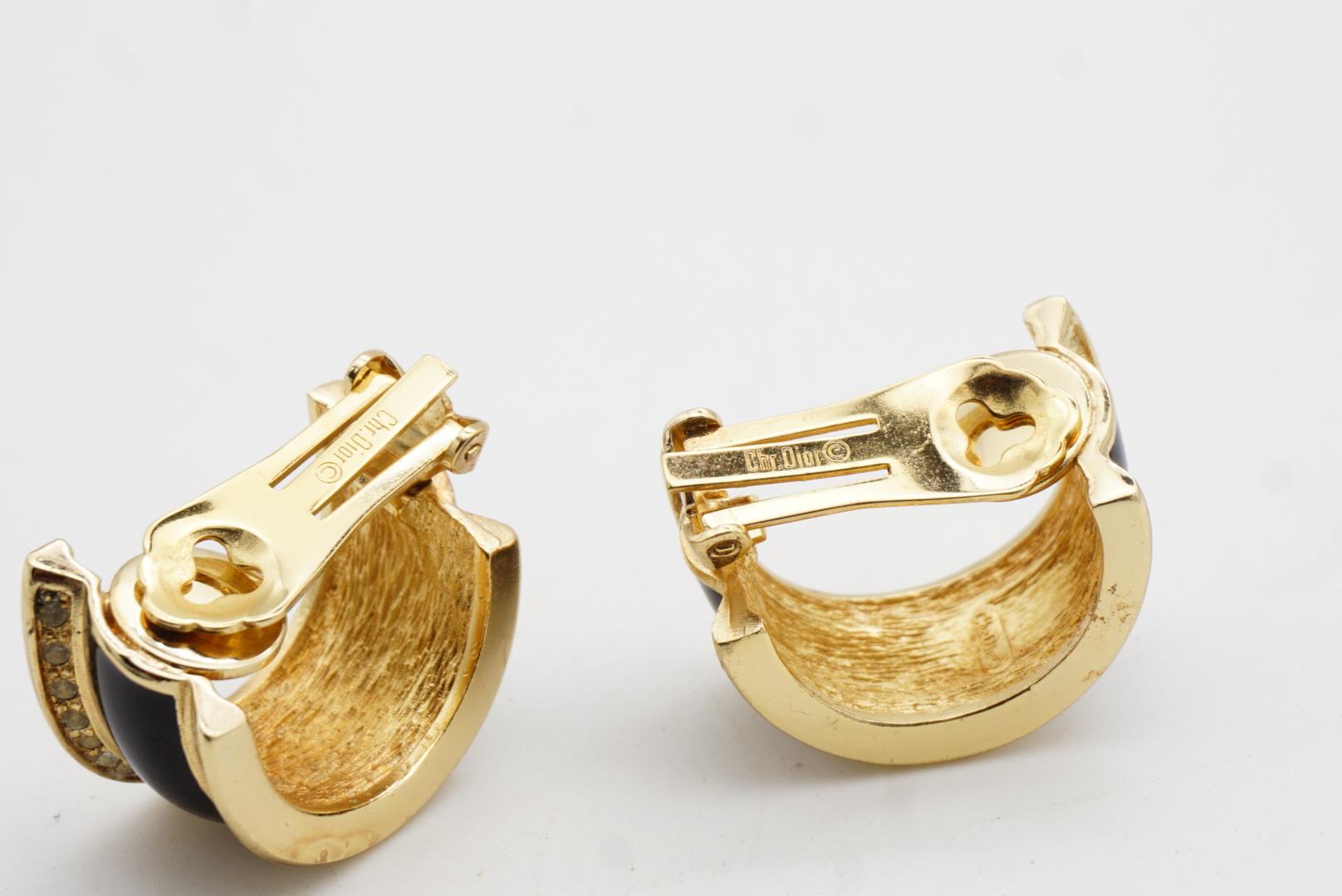 Christian Dior 1980s Vintage Schwarz Emaille Kristalle Kuppel Reifen Clip Gold Ohrringe im Angebot 6