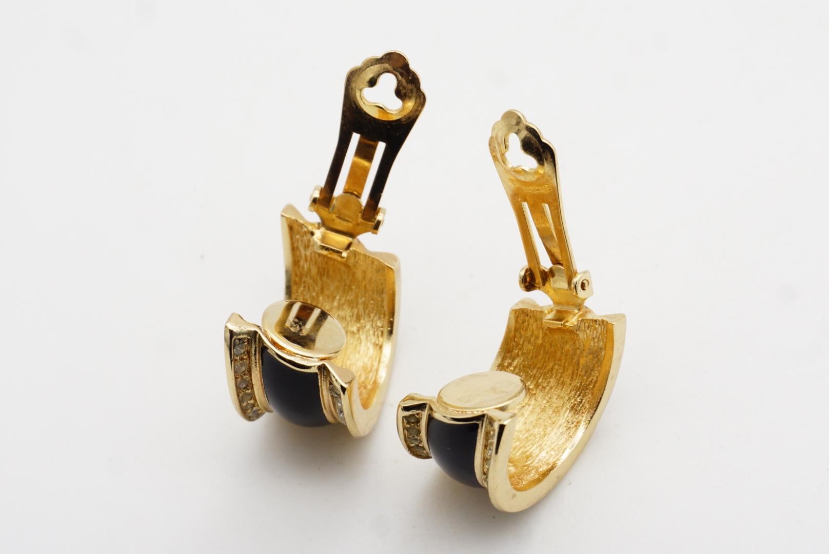 Christian Dior 1980s Vintage Schwarz Emaille Kristalle Kuppel Reifen Clip Gold Ohrringe im Angebot 8