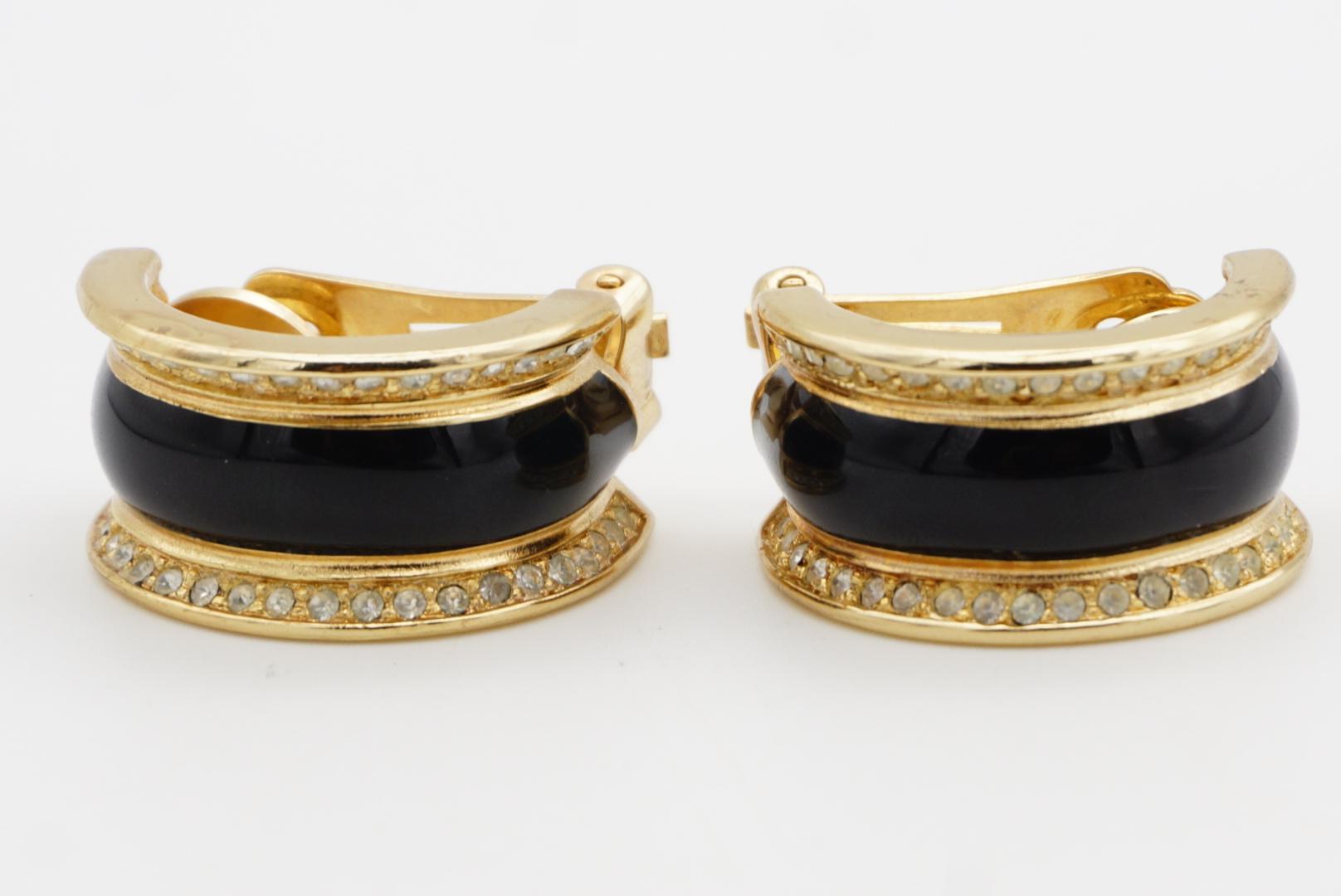 Christian Dior 1980s Vintage Schwarz Emaille Kristalle Kuppel Reifen Clip Gold Ohrringe im Angebot 2