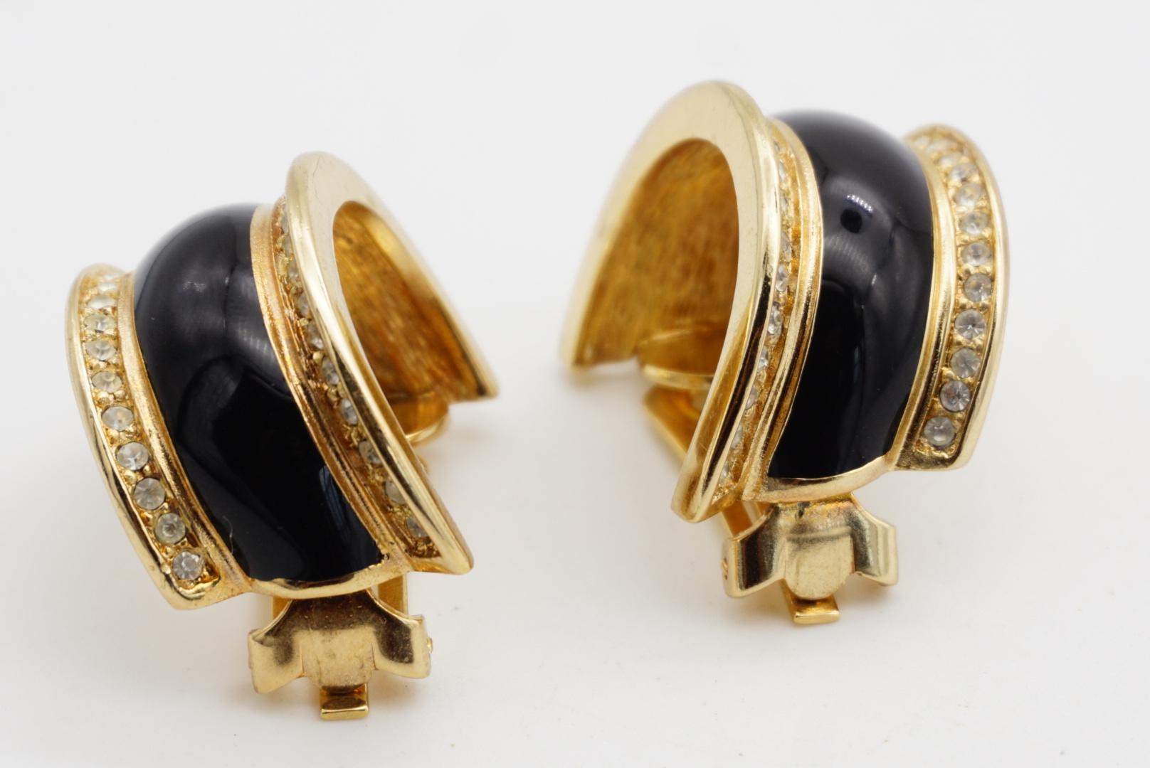 Christian Dior 1980s Vintage Schwarz Emaille Kristalle Kuppel Reifen Clip Gold Ohrringe im Angebot 4