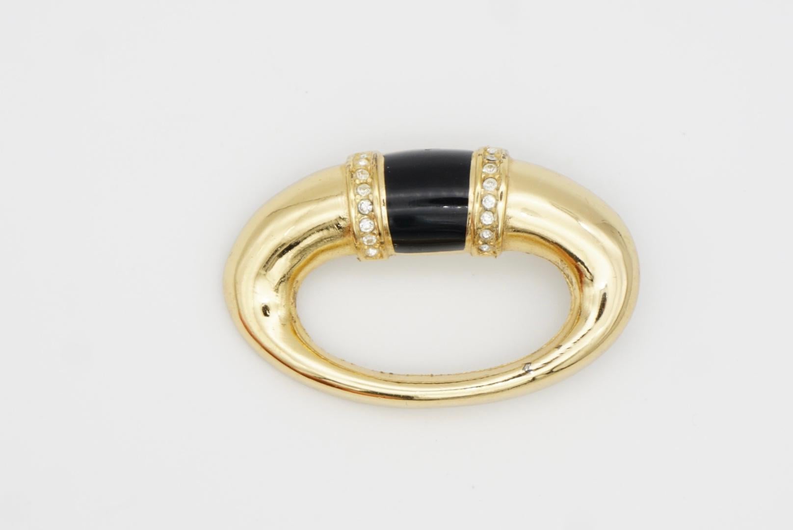 Christian Dior 1980s Vintage Black Enamel Double Crystals Oval Openwork Brooch 1