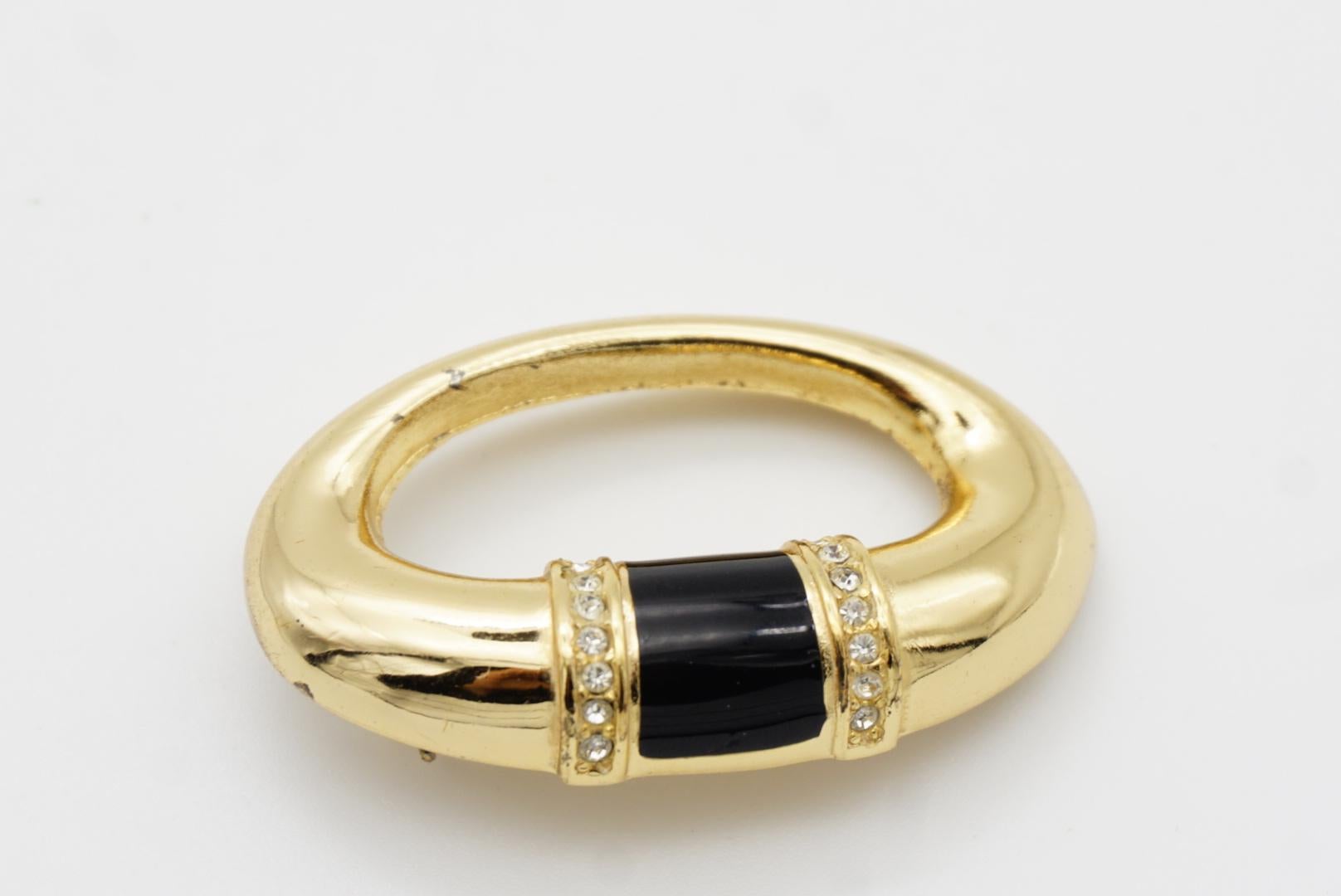 Christian Dior 1980s Vintage Black Enamel Double Crystals Oval Openwork Brooch 3