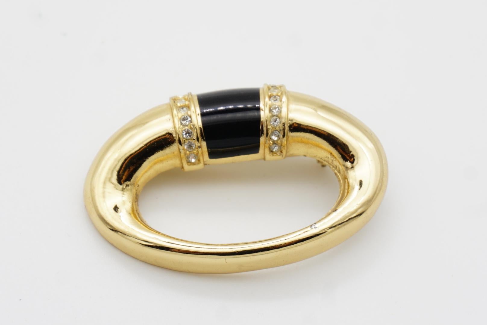 Christian Dior 1980s Vintage Black Enamel Double Crystals Oval Openwork Brooch 4