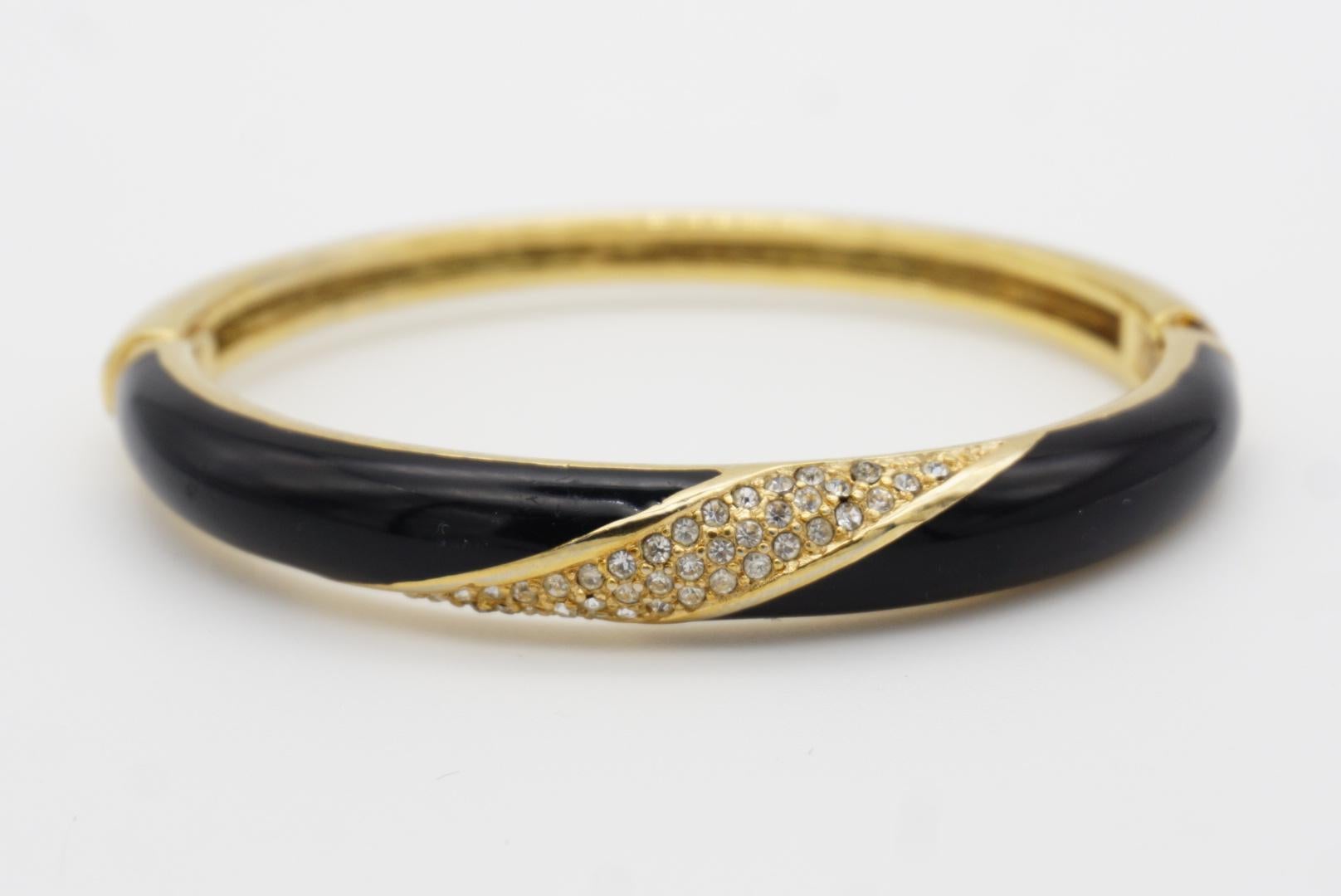 Christian Dior 1980s Vintage Black Enamel Spiral Crystals Cuff Bangle Bracelet For Sale 5
