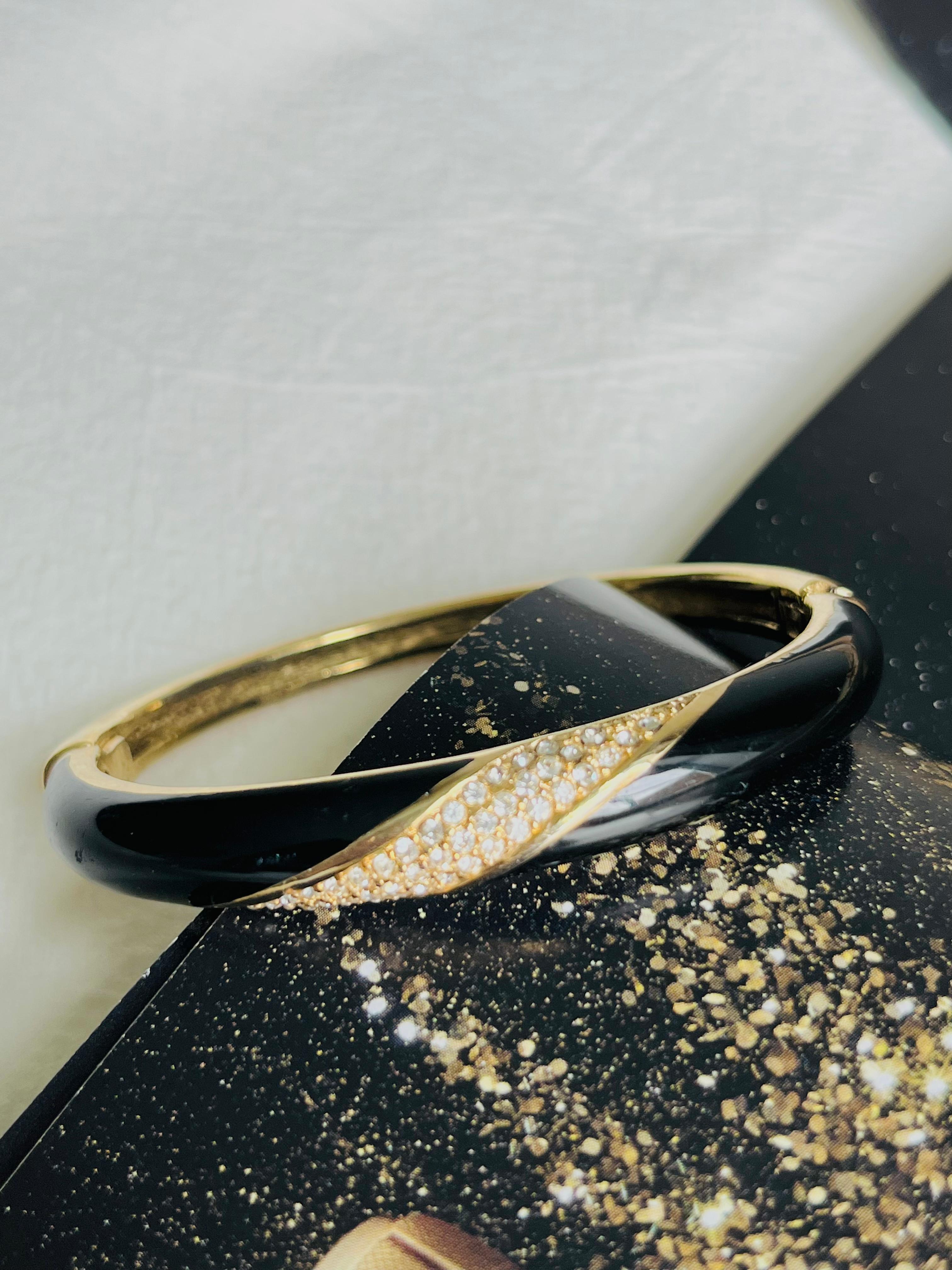 Art Deco Christian Dior 1980s Vintage Black Enamel Spiral Crystals Cuff Bangle Bracelet For Sale