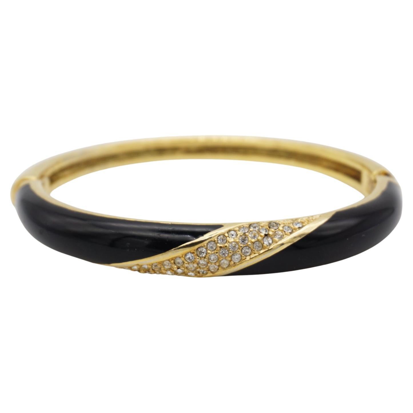 Christian Dior 1980er Jahre Vintage Schwarz Emaille Spiral Kristalle Manschettenarmband Armreif Armband