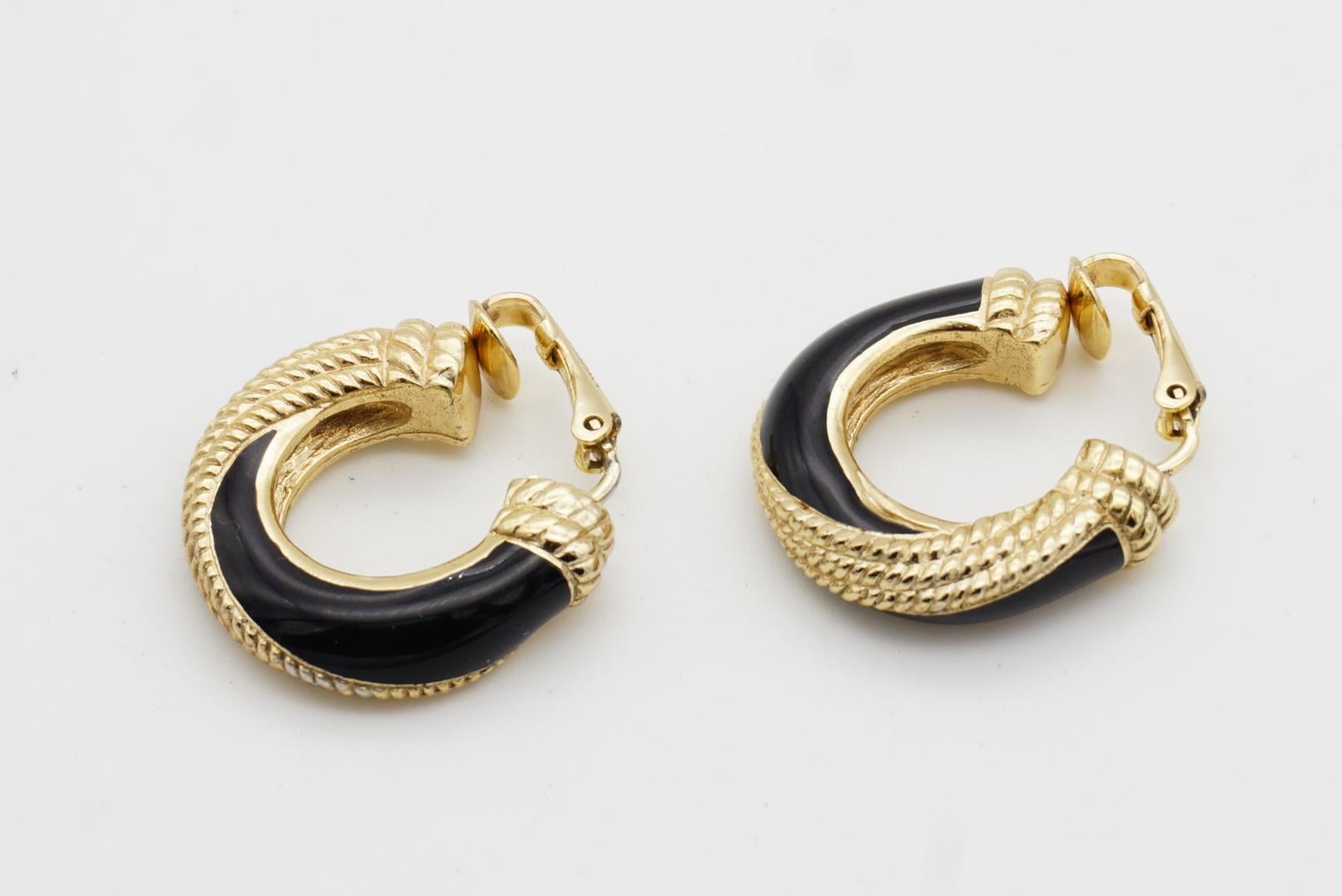 Christian Dior 1980s Vintage Black Spiral Dot Rope Demi Dome Hoop Clip Earrings 5