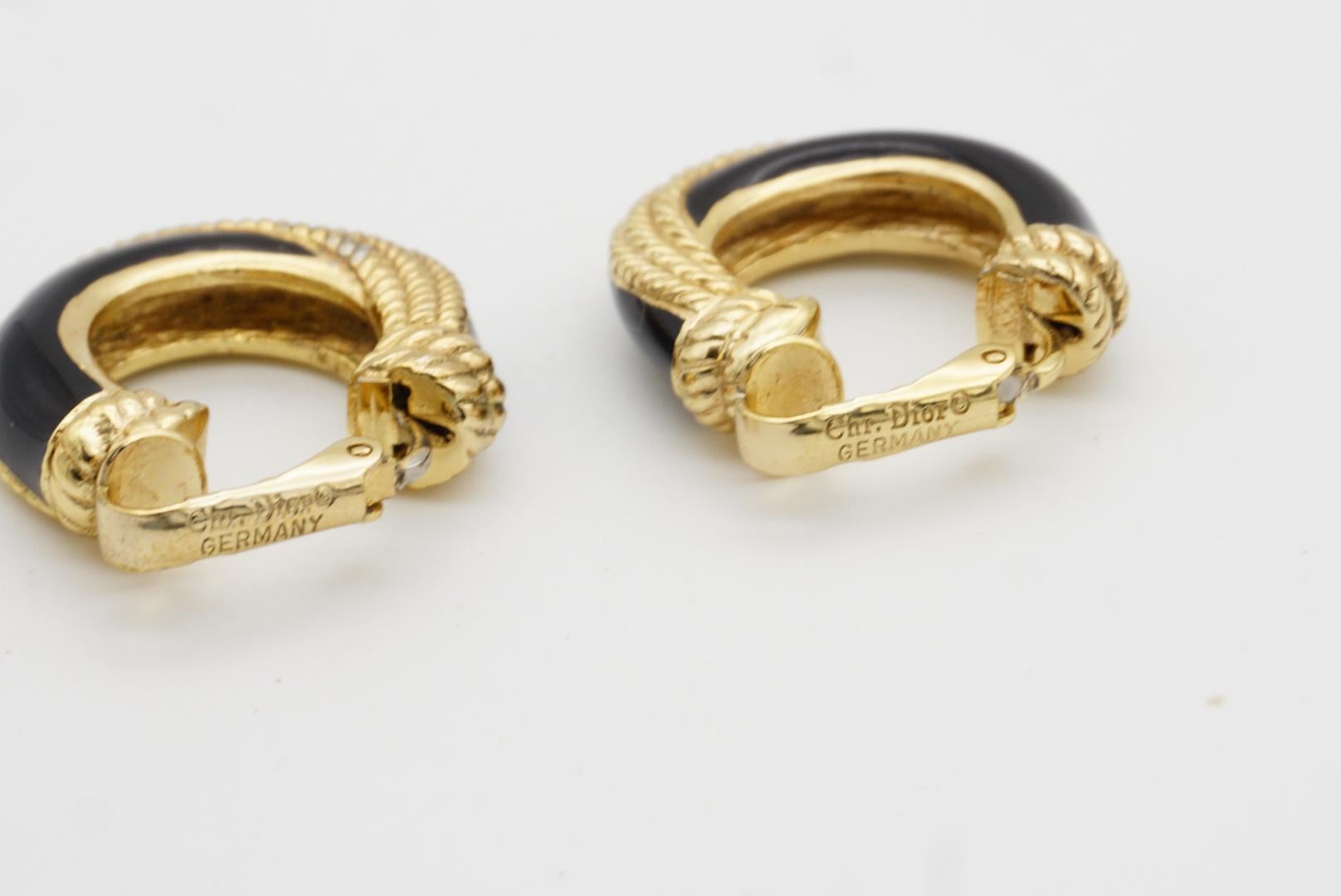 Christian Dior 1980s Vintage Black Spiral Dot Rope Demi Dome Hoop Clip Earrings 7