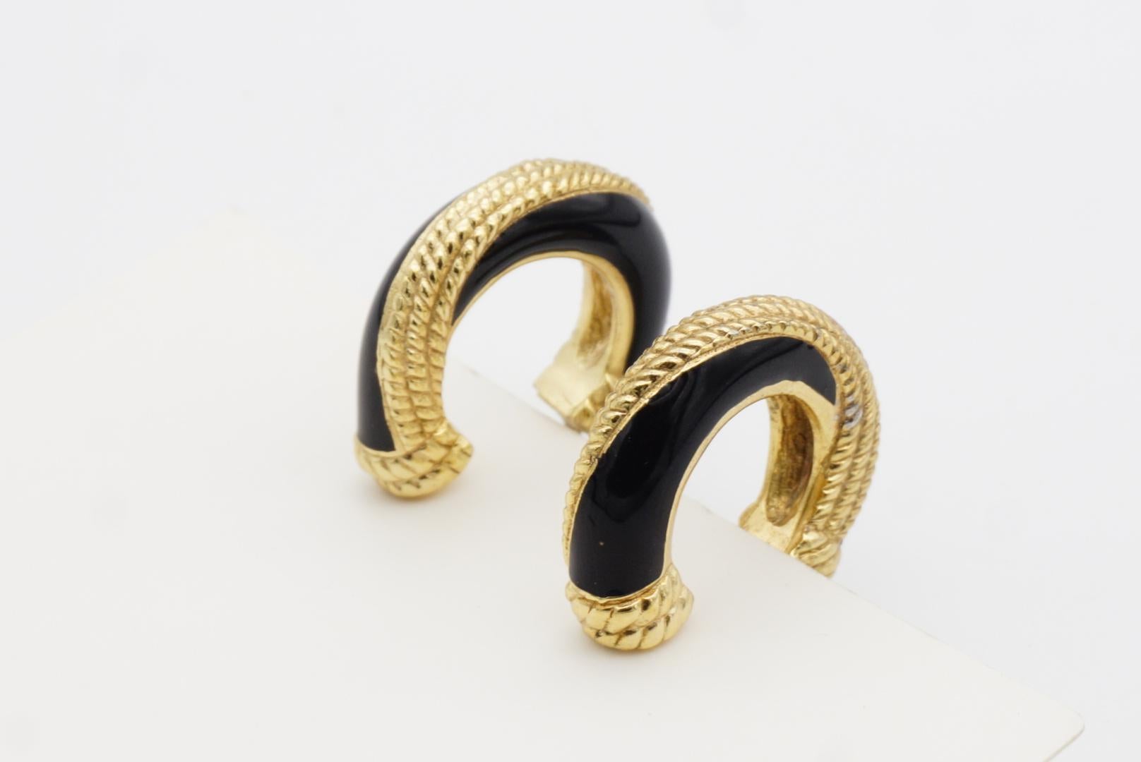 Christian Dior 1980s Vintage Black Spiral Dot Rope Demi Dome Hoop Clip Earrings 9