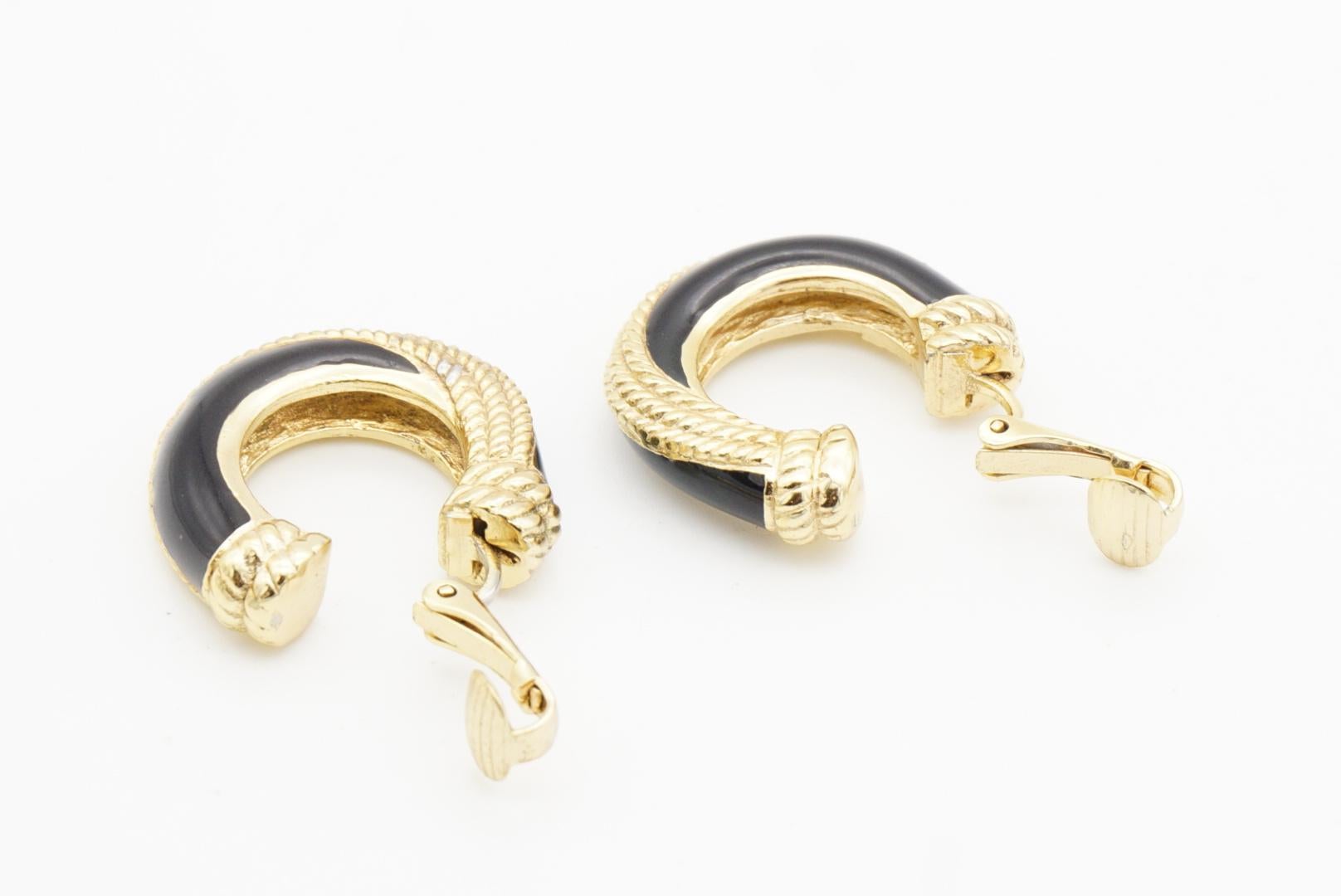 Christian Dior 1980s Vintage Black Spiral Dot Rope Demi Dome Hoop Clip Earrings For Sale 9