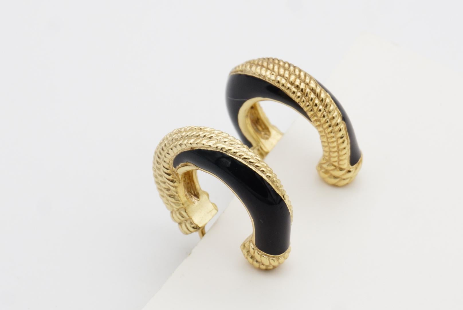 Christian Dior 1980s Vintage Black Spiral Dot Rope Demi Dome Hoop Clip Earrings 10