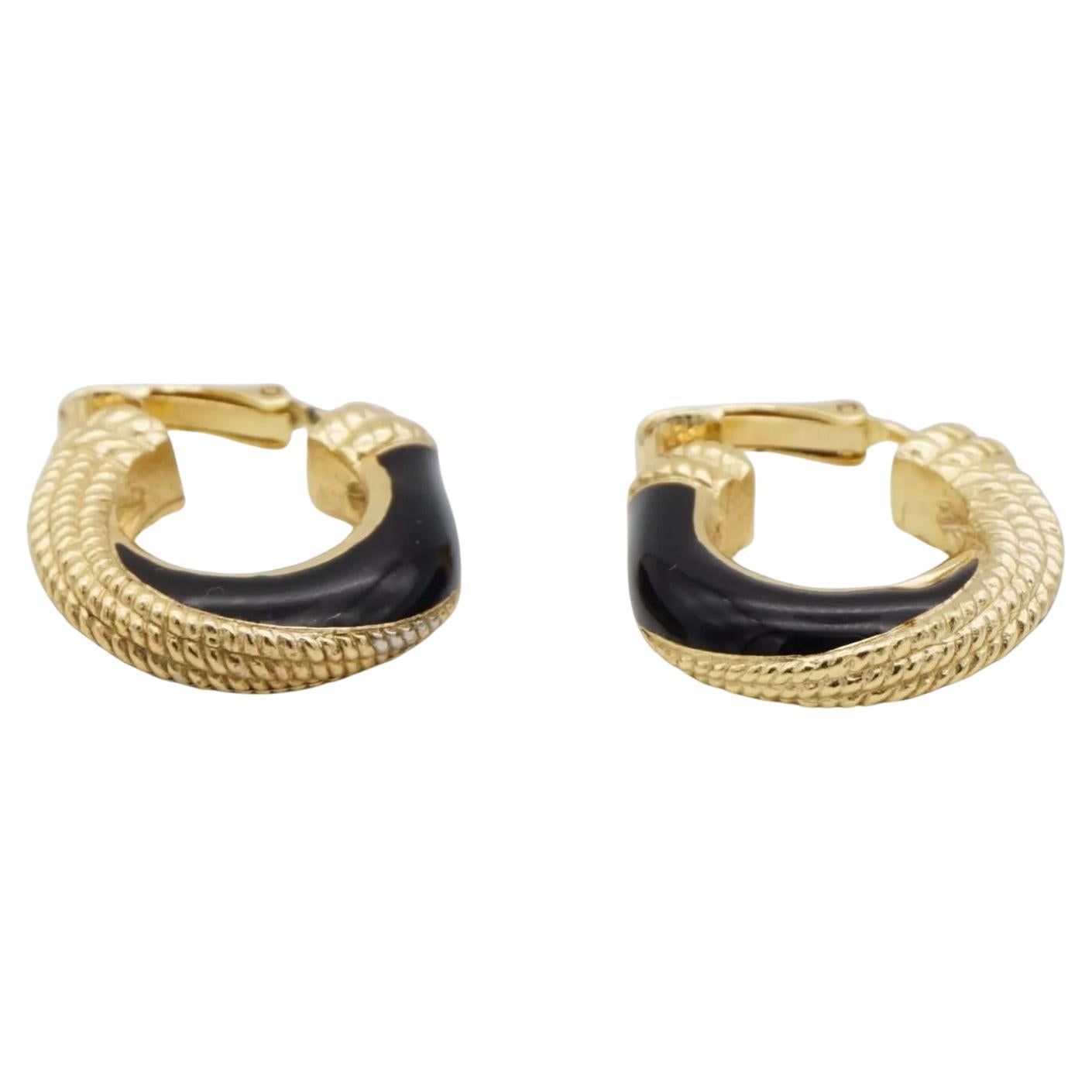 Christian Dior 1980s Vintage Black Spiral Dot Rope Demi Dome Hoop Clip Earrings For Sale
