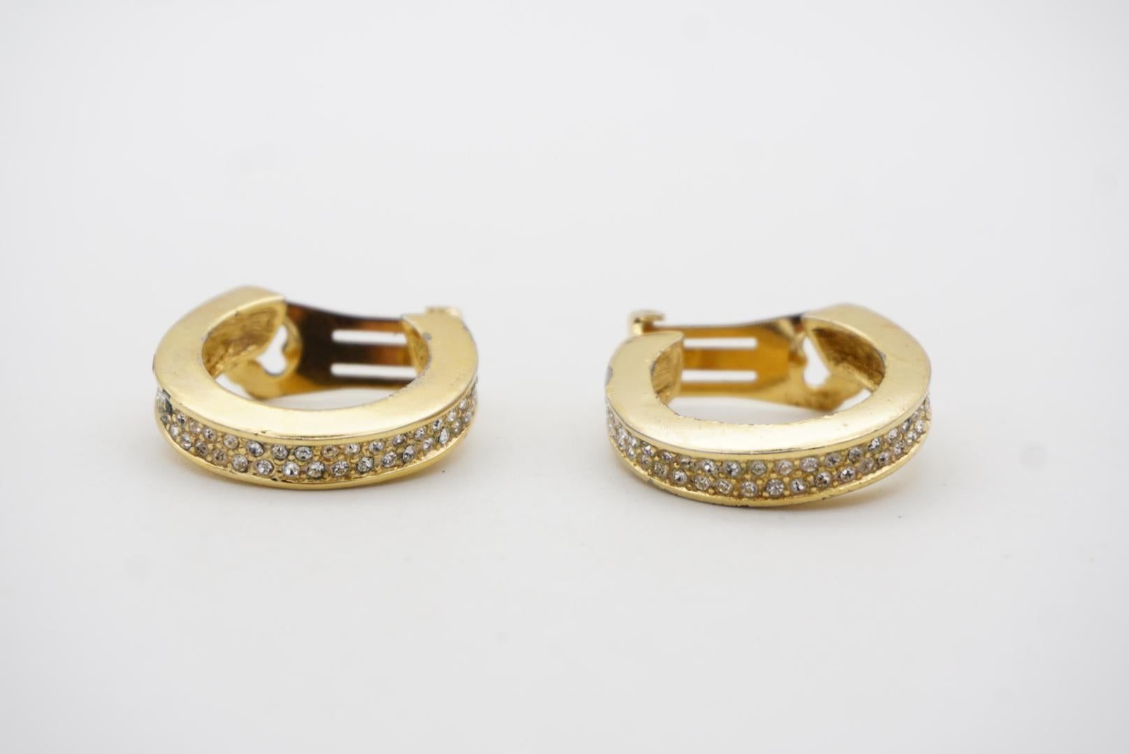 Christian Dior 1980s Vintage Circle Double Crystals Huggie Hoop Clip Earrings 7