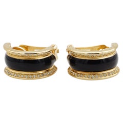 Christian Dior 1980s Vintage Crystals Black Enamel Domed Gold Hoop Clip Earrings