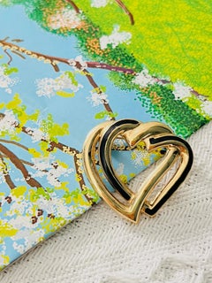 Christian Dior 1980s Vintage Double Interlocked Heart Love Black Gold Brooch