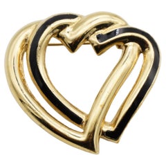 Christian Dior 1980s Vintage Double Interlocked Heart Love Black Gold Brooch