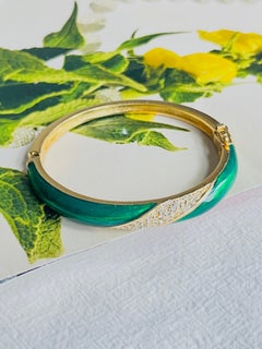 Christian Dior 1980s Vintage Emerald Green Enamel Crystals Cuff Bangle Bracelet