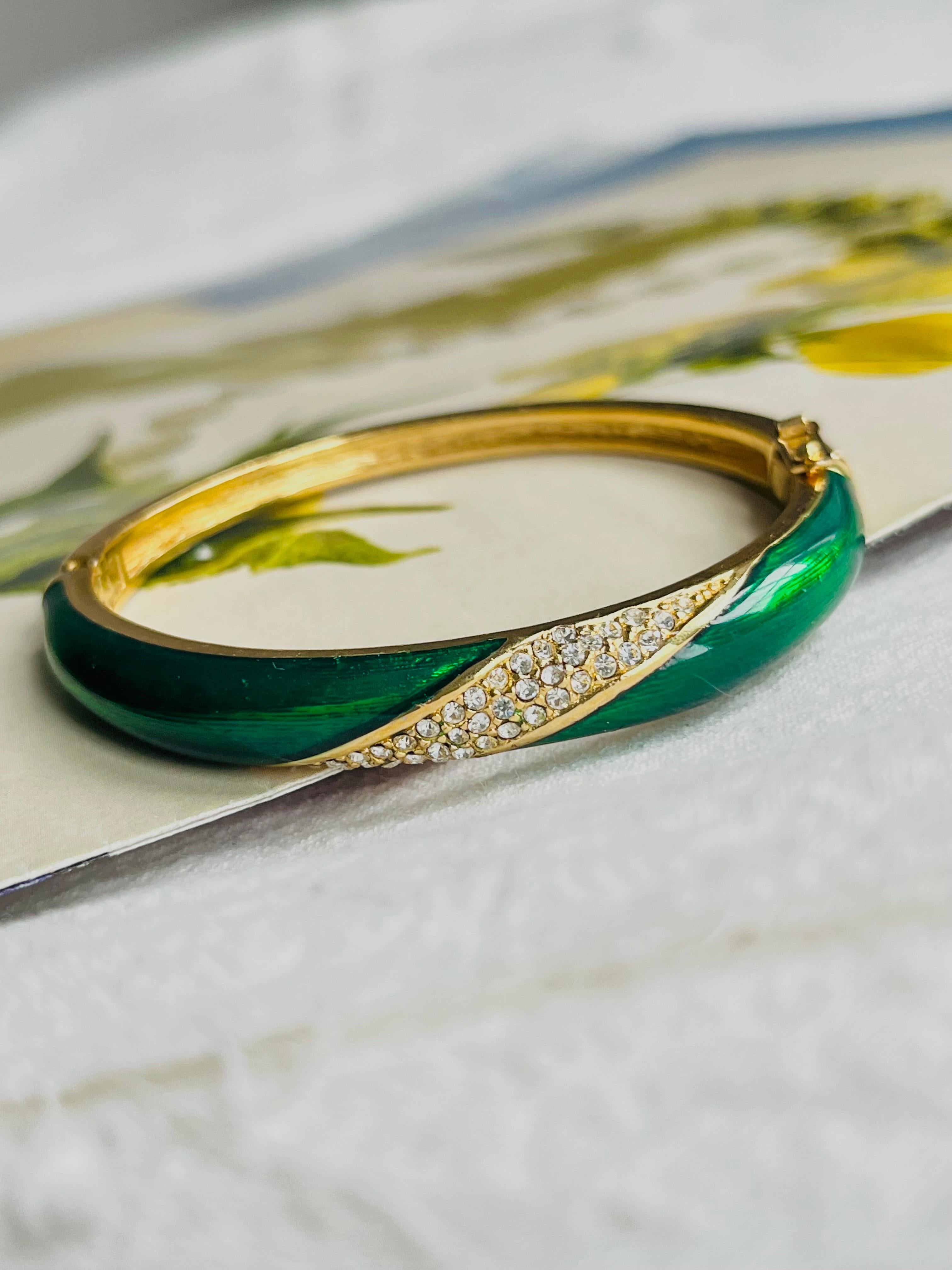 Art Deco Christian Dior 1980s Vintage Emerald Green Enamel Crystals Cuff Bangle Bracelet For Sale