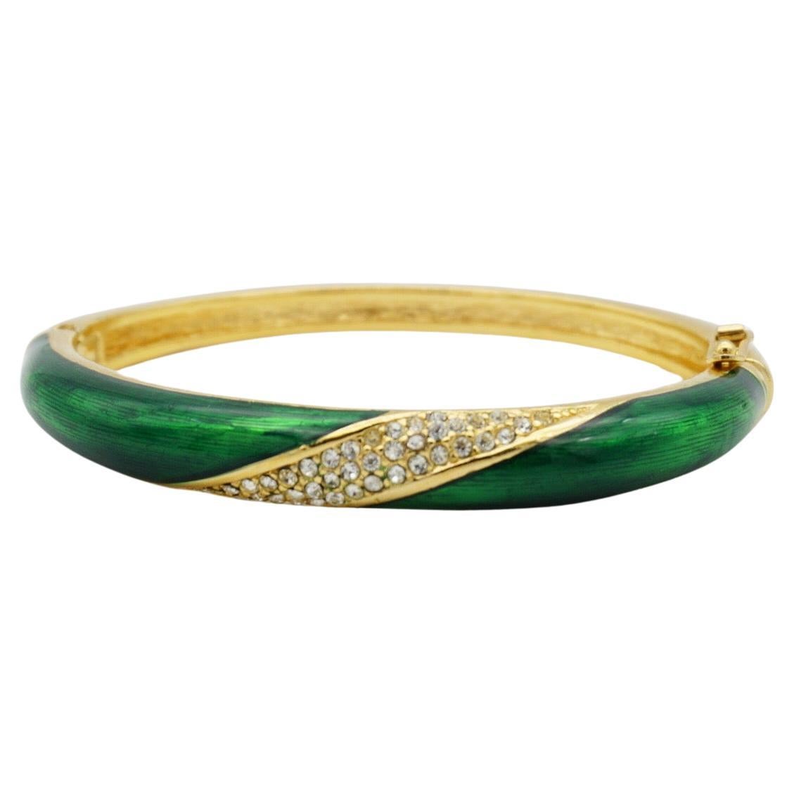 Christian Dior 1980s Vintage Emerald Green Enamel Crystals Cuff Bangle Bracelet