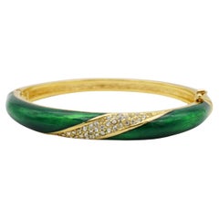 Christian Dior 1980s Vintage Emerald Green Enamel Crystals Cuff Bangle Bracelet