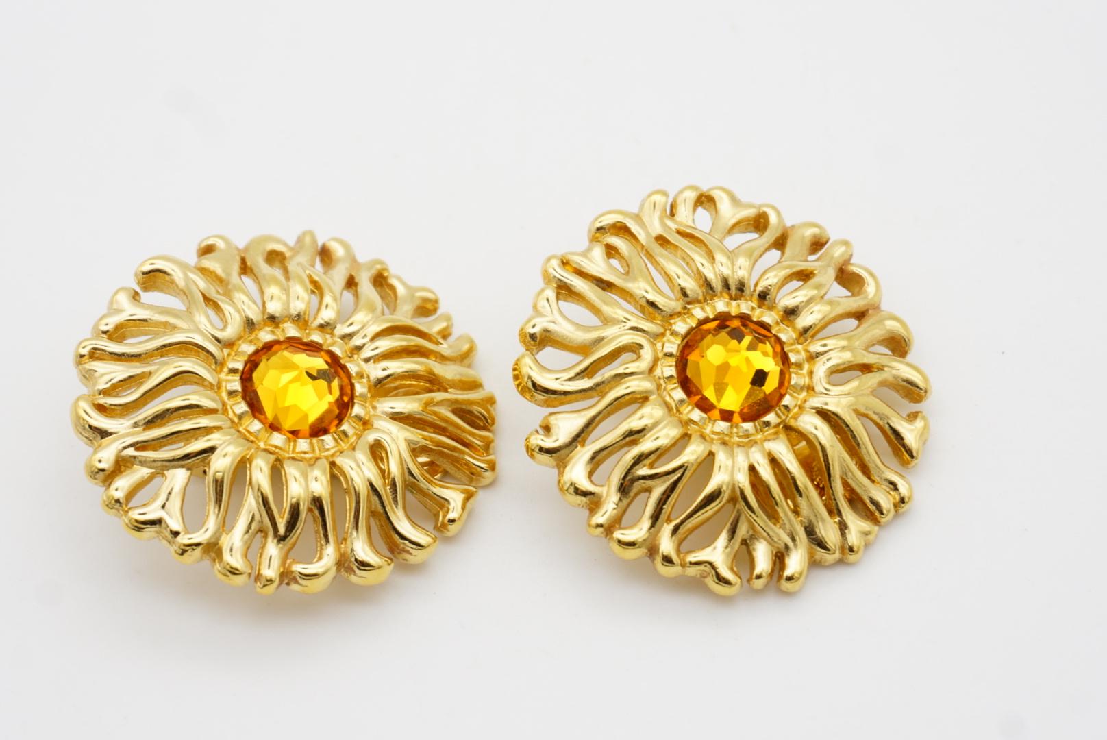Christian Dior 1980s Vintage Extra Large Yellow Crystal Openwork Round Earrings 5