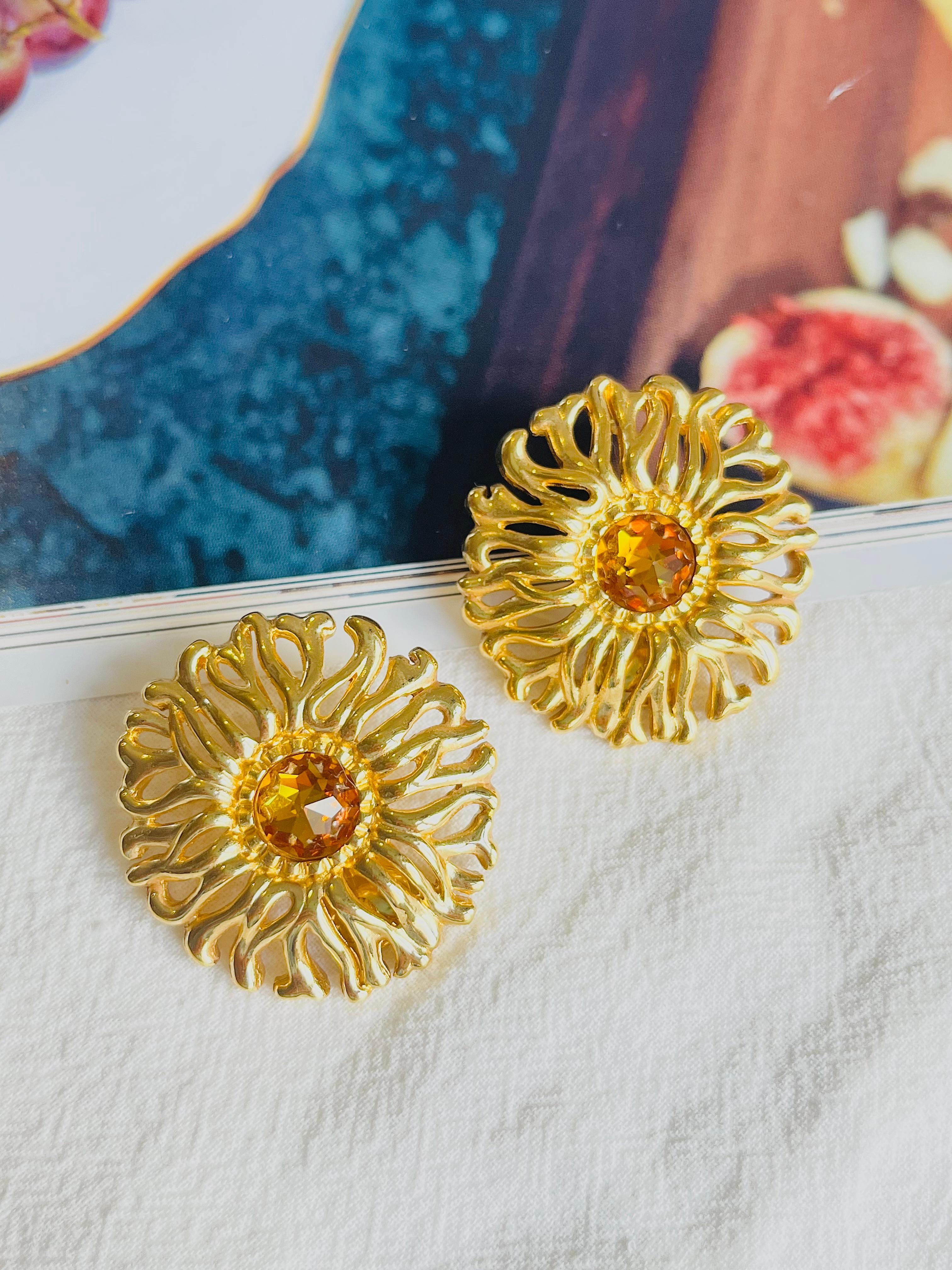 Christian Dior 1980s Vintage Extra Large Yellow Crystal Openwork Round Earrings In Excellent Condition In Wokingham, England