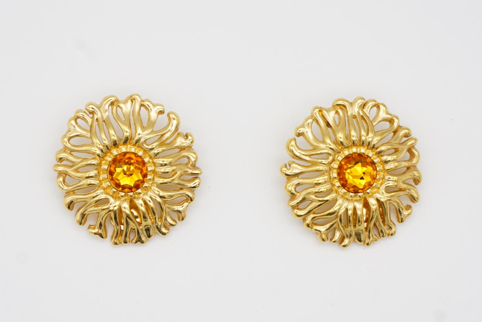 Christian Dior 1980s Vintage Extra Large Yellow Crystal Openwork Round Earrings 2