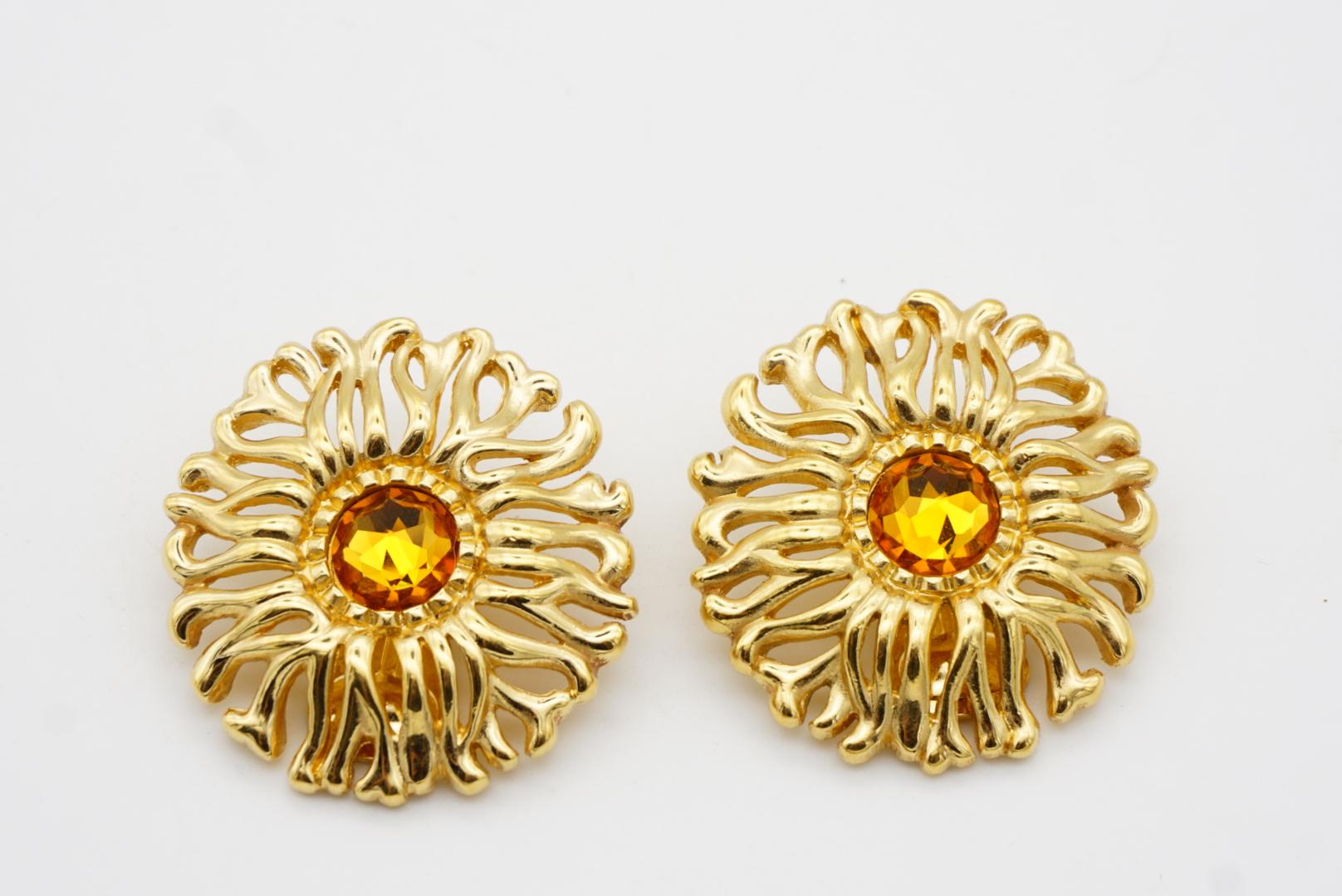 Christian Dior 1980s Vintage Extra Large Yellow Crystal Openwork Round Earrings 3