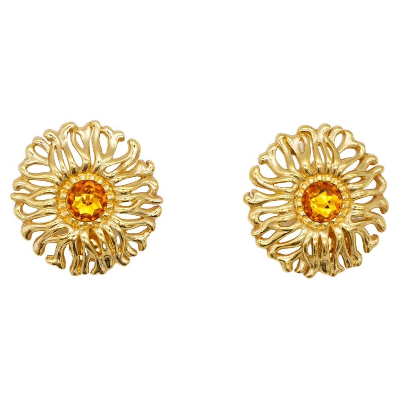 Christian Dior 1980s Vintage Extra Large Yellow Crystal Openwork Round Earrings
