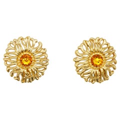 Christian Dior 1980s Vintage Extra Large Yellow Crystal Openwork Round Earrings