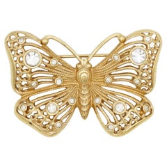 Christian Dior 1980s Vintage Filigree Bow Crystals Gold Butterfly Elegant Brooch