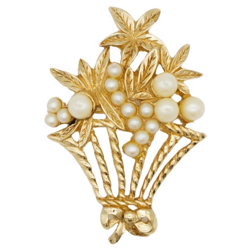 Christian Dior 1980s Vintage Flower Basket Pearls Bouquet Bow Openwork Brooch For Sale