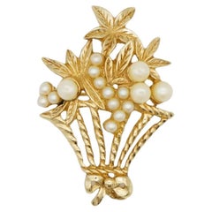 Christian Dior 1980s Vintage Flower Basket Pearls Bouquet Bow Openwork Brooch