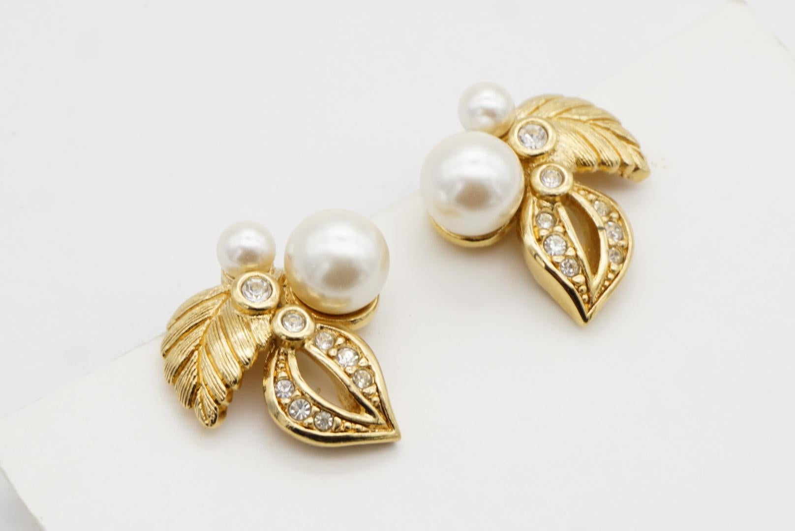 Christian Dior 1980s Vintage Flower Double Leaf White Pearls Crystals Earrings For Sale 5